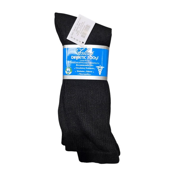 NEW Falari Diabetic Socks Mens Loose Fit Top Crew Socks Black 3 Pairs Size 13-15 - Picture 1 of 6